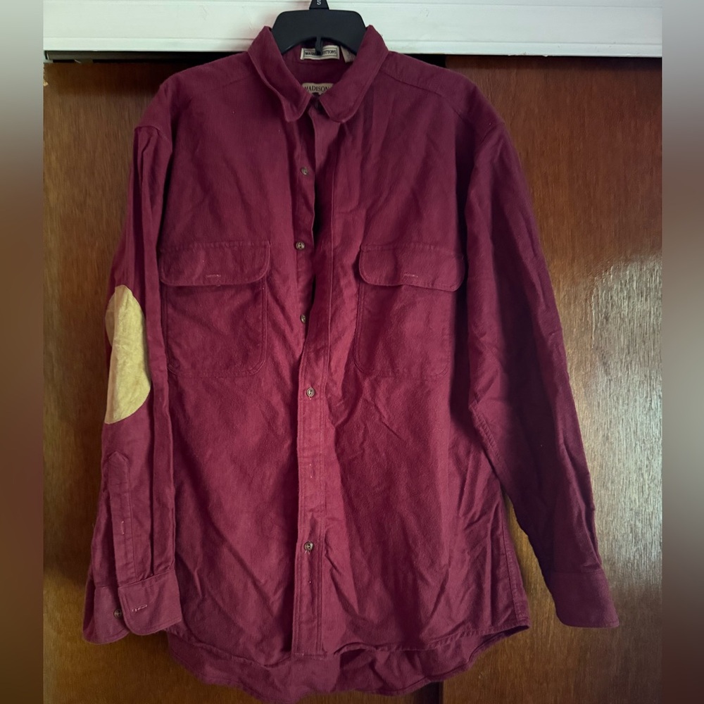 Madison Trader Burgundy Button-Up Shirt with Elbow Patch